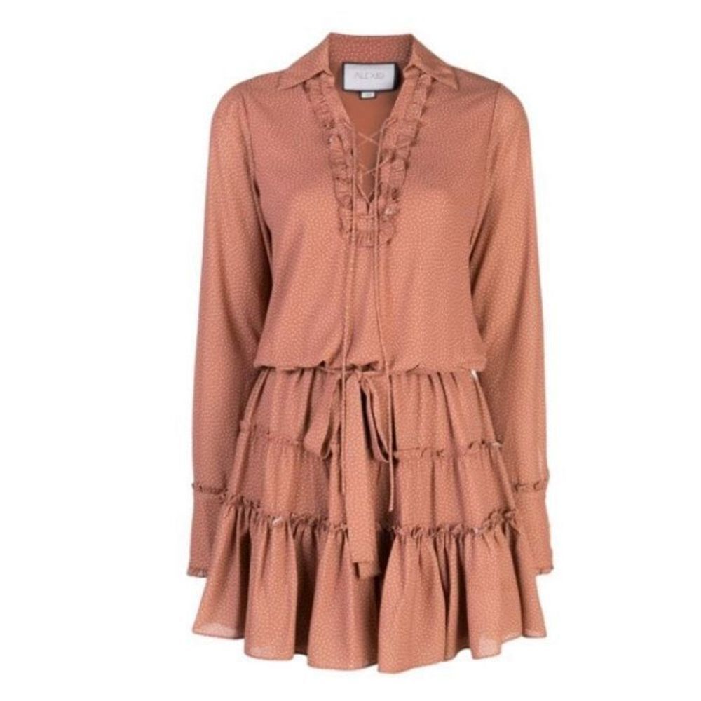 Alexis rozalyn tan spotted long sleeve lace up mini dress size small - Picture 2 of 12